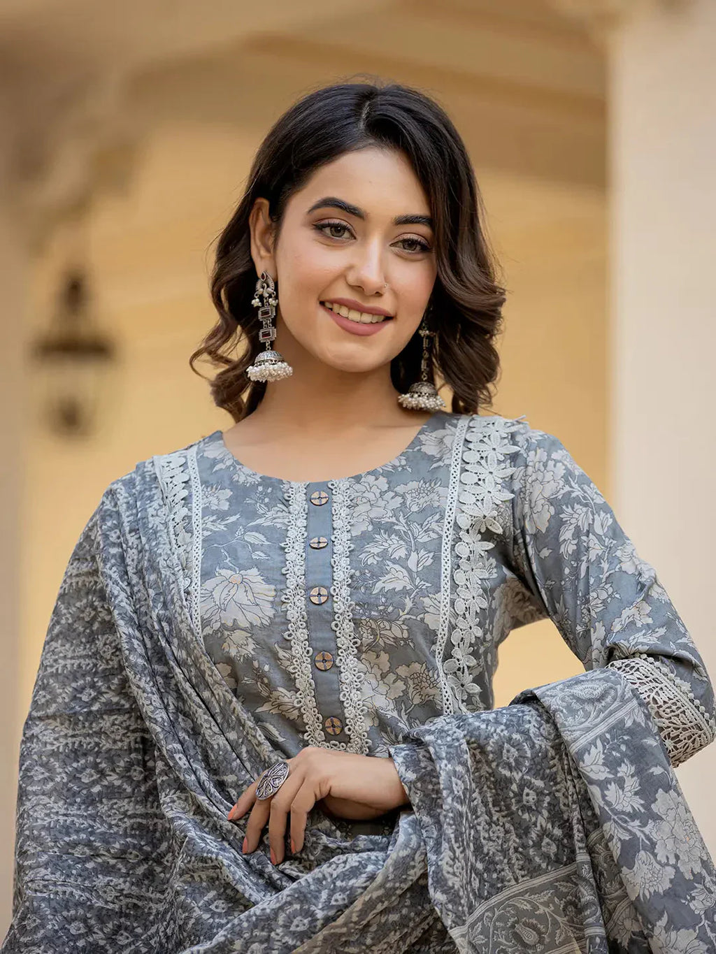 Yufta Grey Floral Print Straight Pakistani Style Kurta Trouser And Dupatta Set With Lace Work