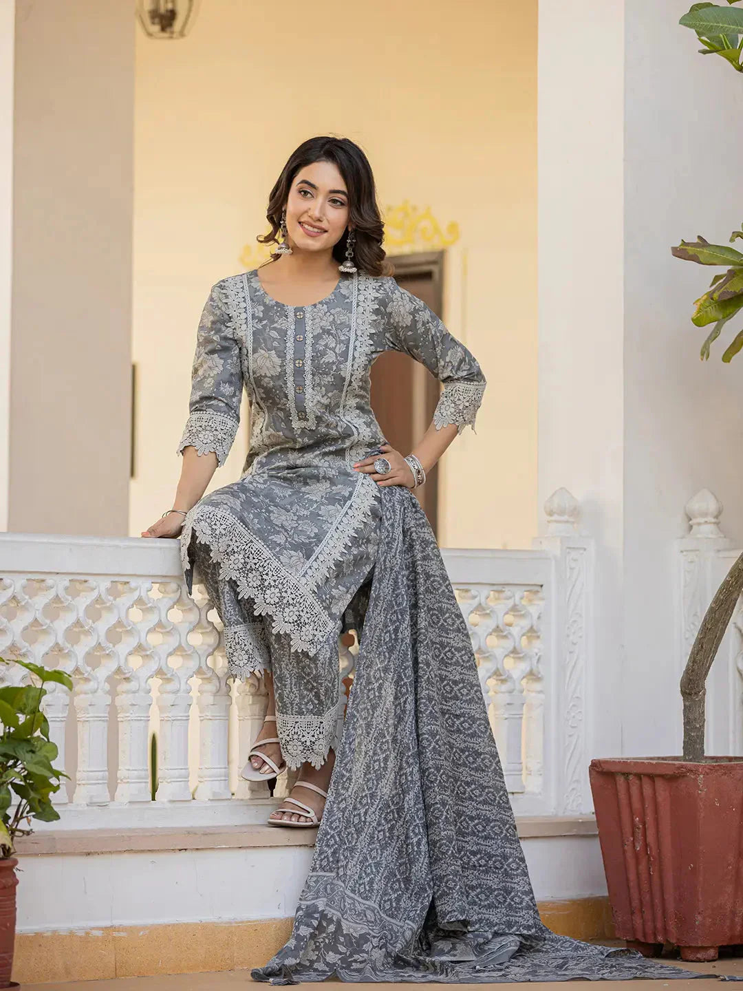 Yufta Grey Floral Print Straight Pakistani Style Kurta Trouser And Dupatta Set With Lace Work