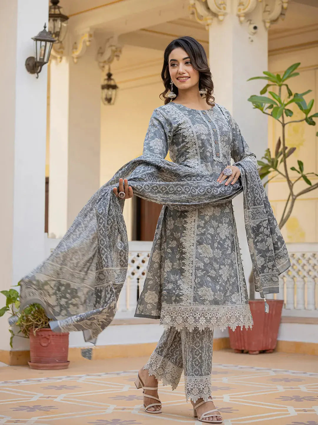 Yufta Grey Floral Print Straight Pakistani Style Kurta Trouser And Dupatta Set With Lace Work