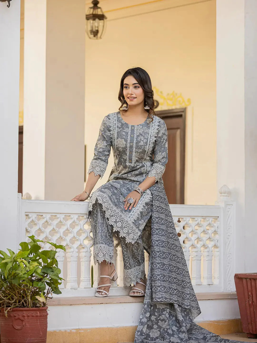 Yufta Grey Floral Print Straight Pakistani Style Kurta Trouser And Dupatta Set With Lace Work