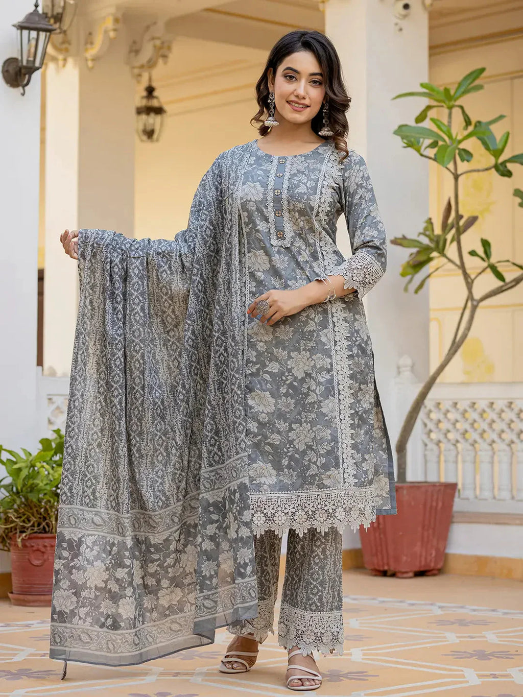 Yufta Grey Floral Print Straight Pakistani Style Kurta Trouser And Dupatta Set With Lace Work