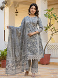 Yufta Grey Floral Print Straight Pakistani Style Kurta Trouser And Dupatta Set With Lace Work