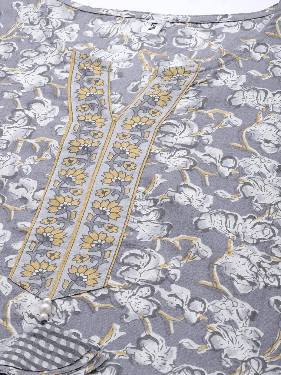 Yufta Grey Floral Printed Kurta Dupatta Set