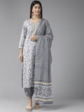 Yufta Grey Floral Printed Kurta Dupatta Set