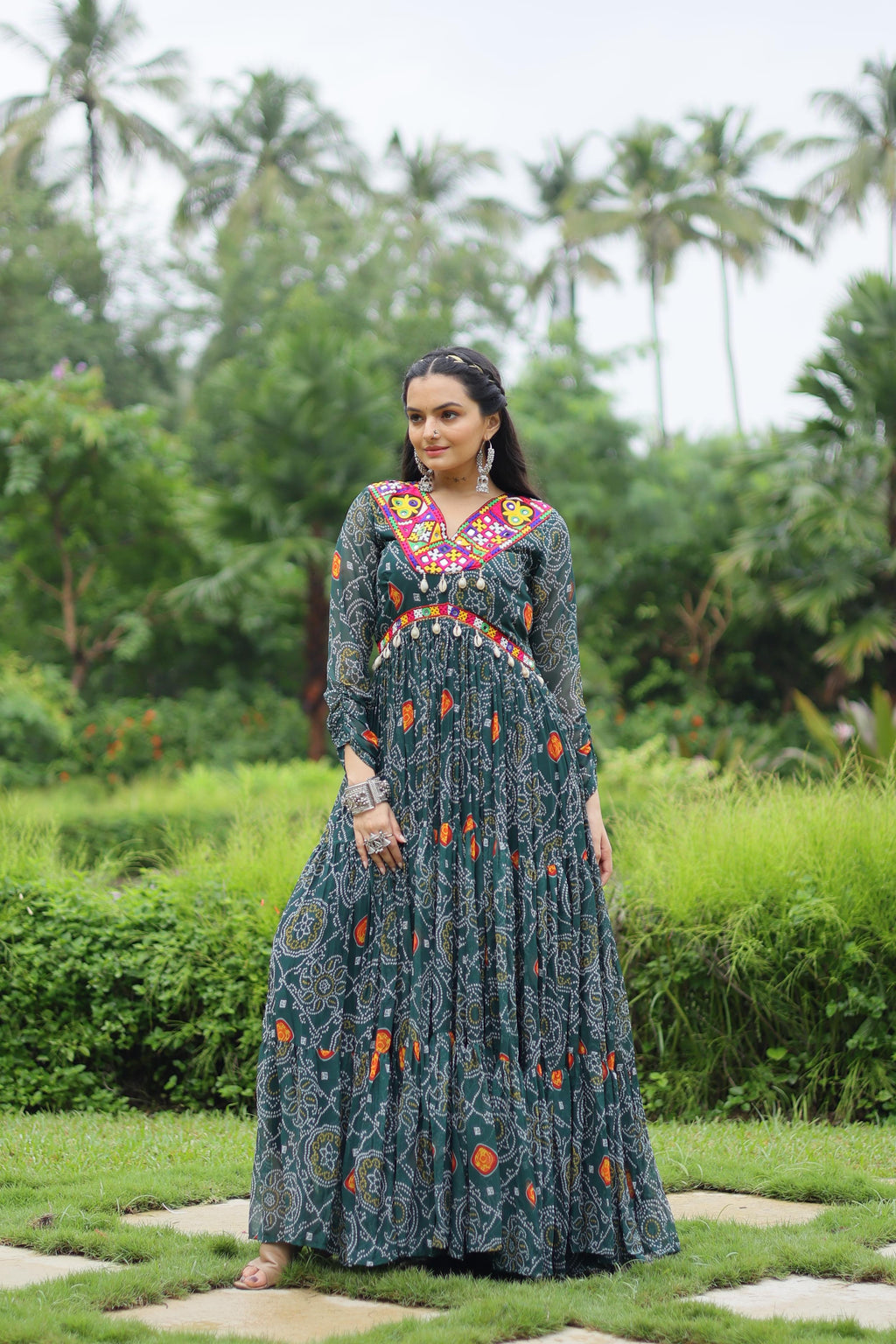 Lorenvalley Grey Faux Georgette Bandhani Print Work With Kutchi Patch Work Gown