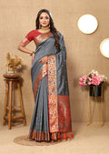 Lorenvalley Fashion Grey Soft Paithani Silk Woven Design Rich Meenakari Zari Weaving Pallu Saree