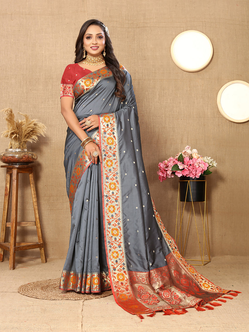Lorenvalley Fashion Grey Soft Paithani Silk Woven Design Rich Meenakari Zari Weaving Pallu Saree