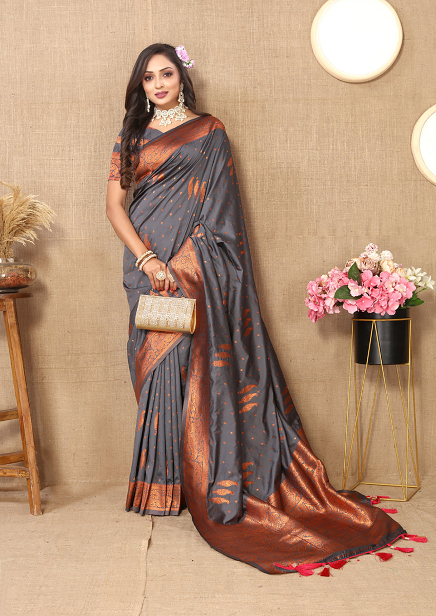 Lorenvalley Fashion Grey Soft Silk Copper Zari weaving Design Saree