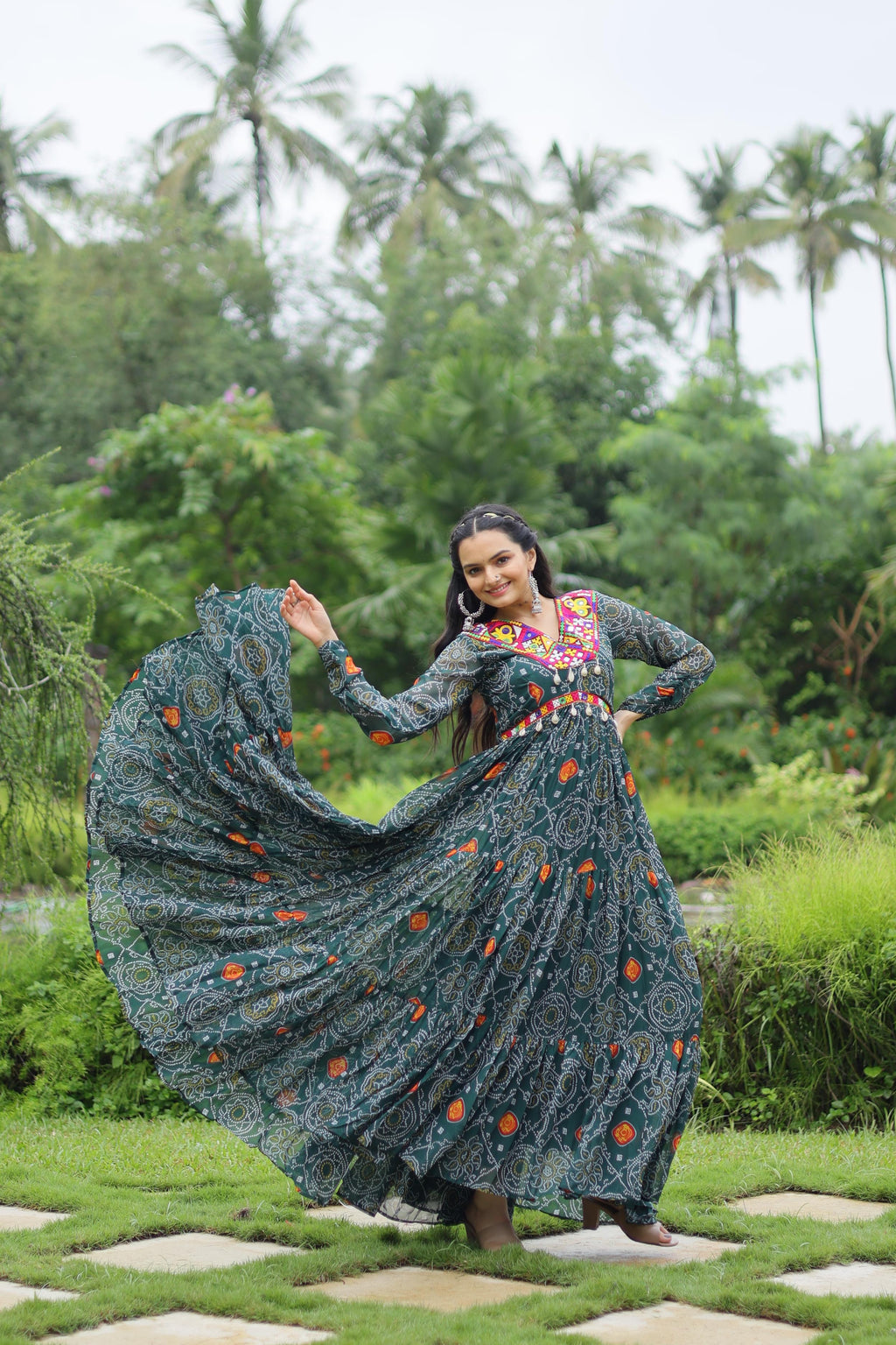 Lorenvalley Grey Faux Georgette Bandhani Print Work With Kutchi Patch Work Gown