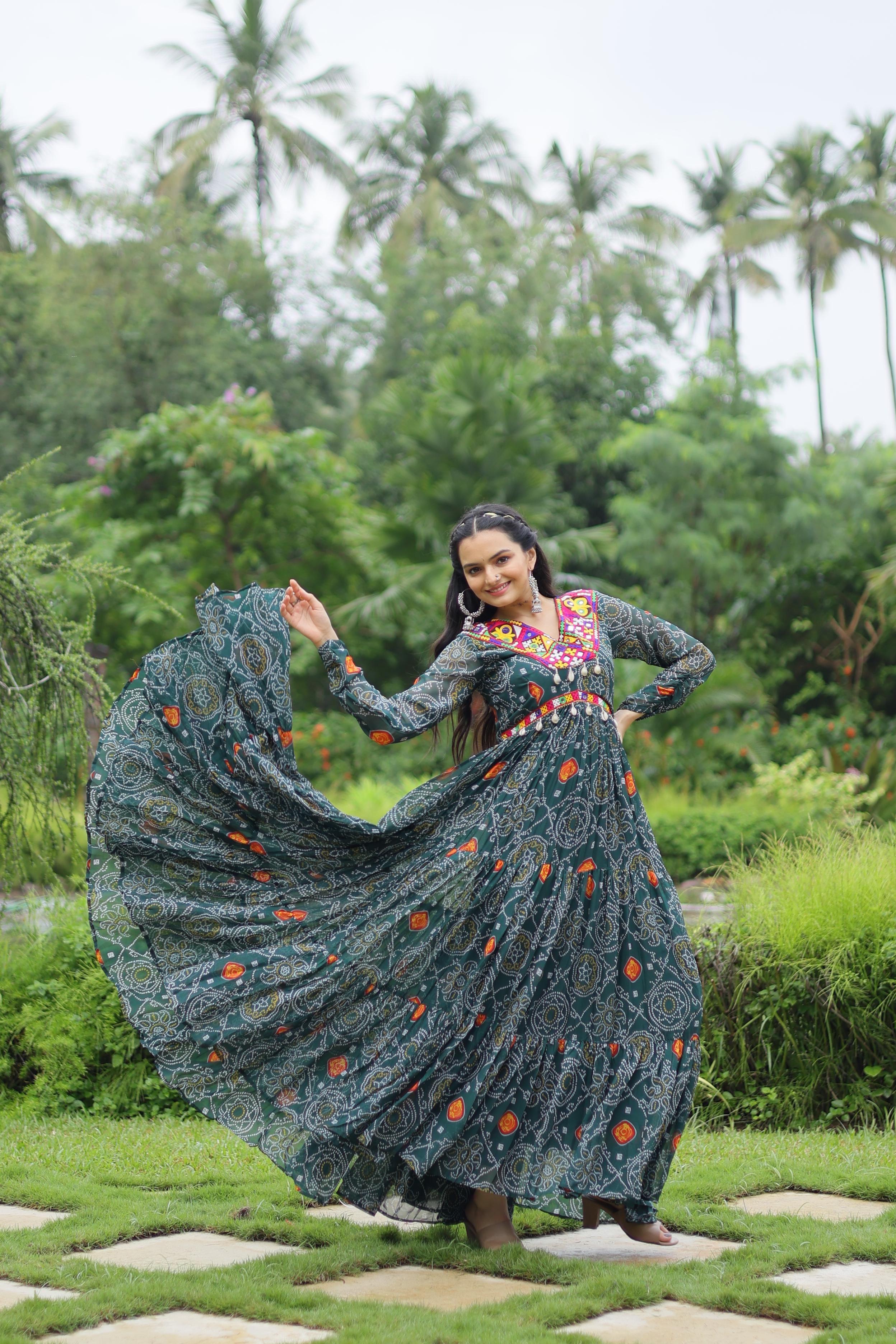 Lorenvalley Grey Faux Georgette Bandhani Print Work With Kutchi Patch Work Gown