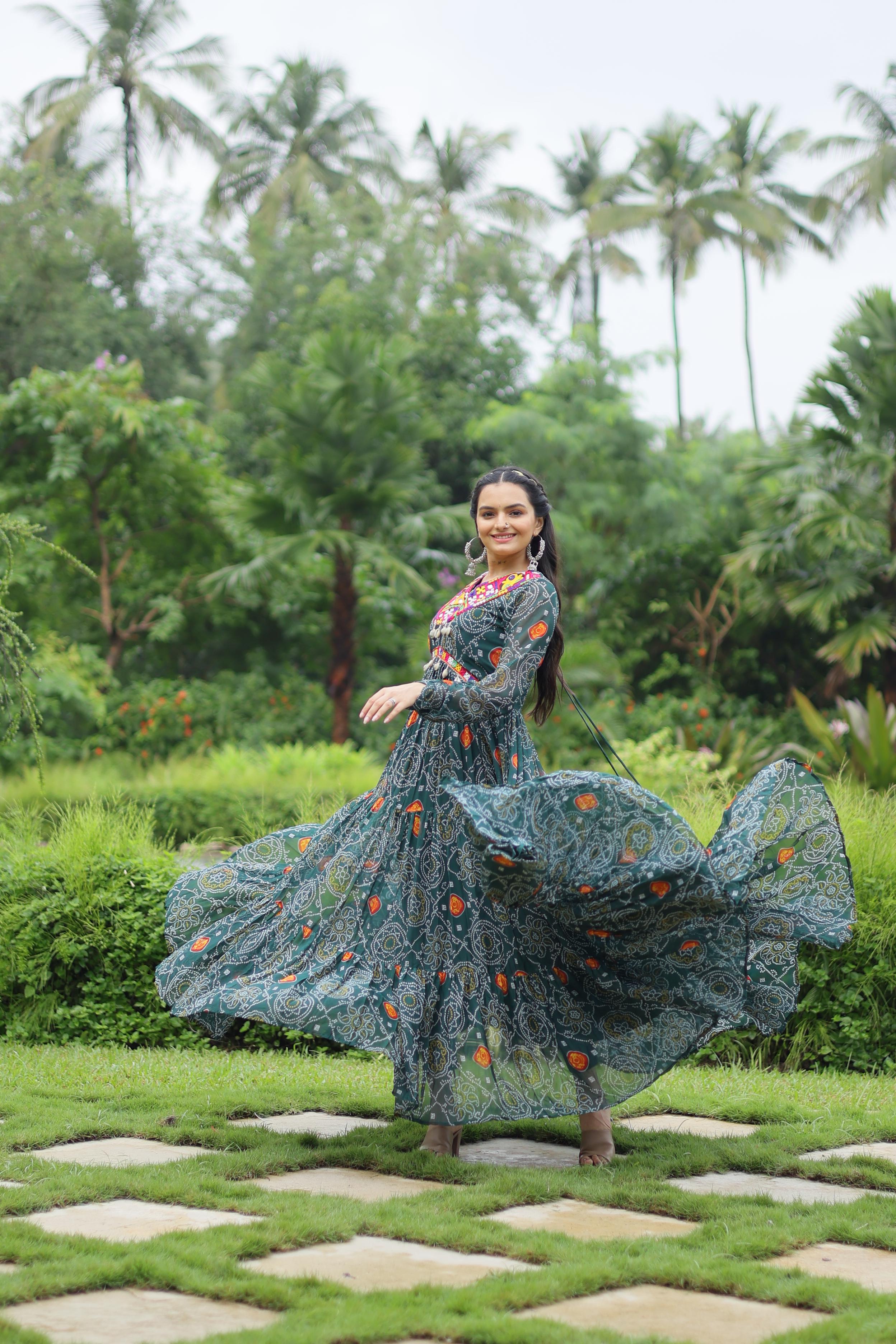 Lorenvalley Grey Faux Georgette Bandhani Print Work With Kutchi Patch Work Gown