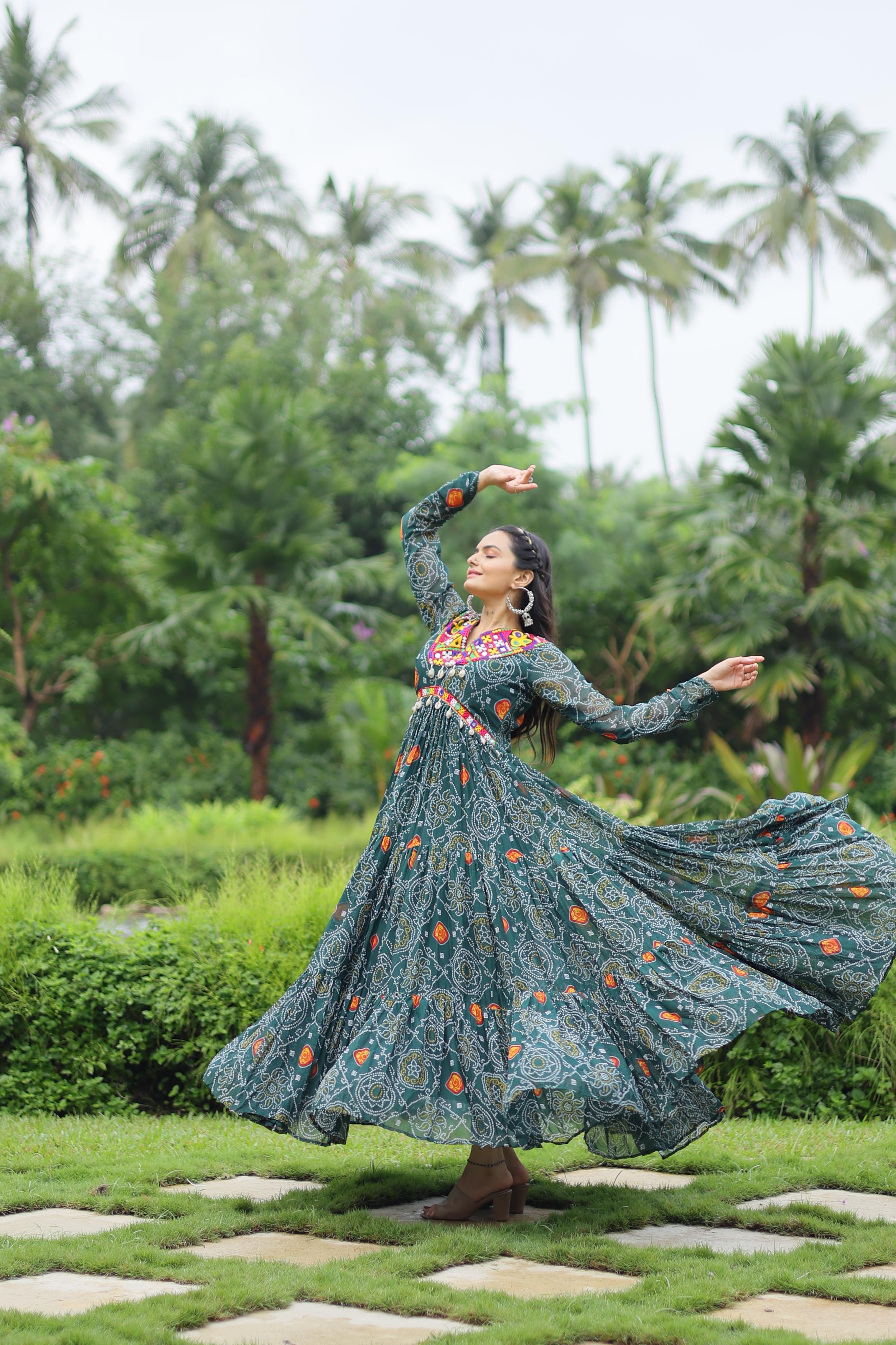 Lorenvalley Grey Faux Georgette Bandhani Print Work With Kutchi Patch Work Gown