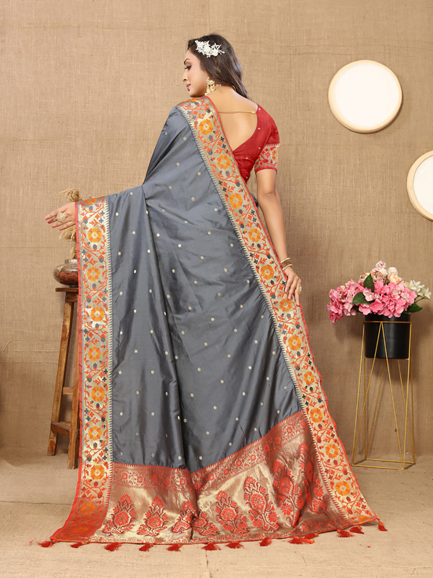 Lorenvalley Fashion Grey Soft Paithani Silk Woven Design Rich Meenakari Zari Weaving Pallu Saree
