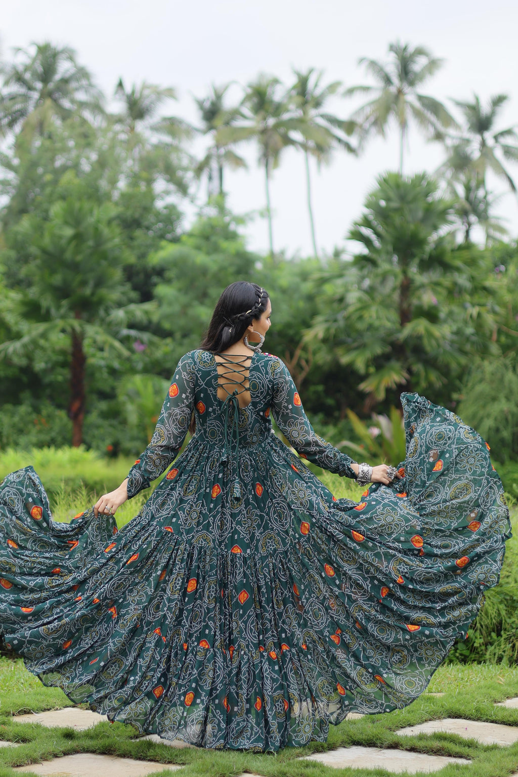 Lorenvalley Grey Faux Georgette Bandhani Print Work With Kutchi Patch Work Gown