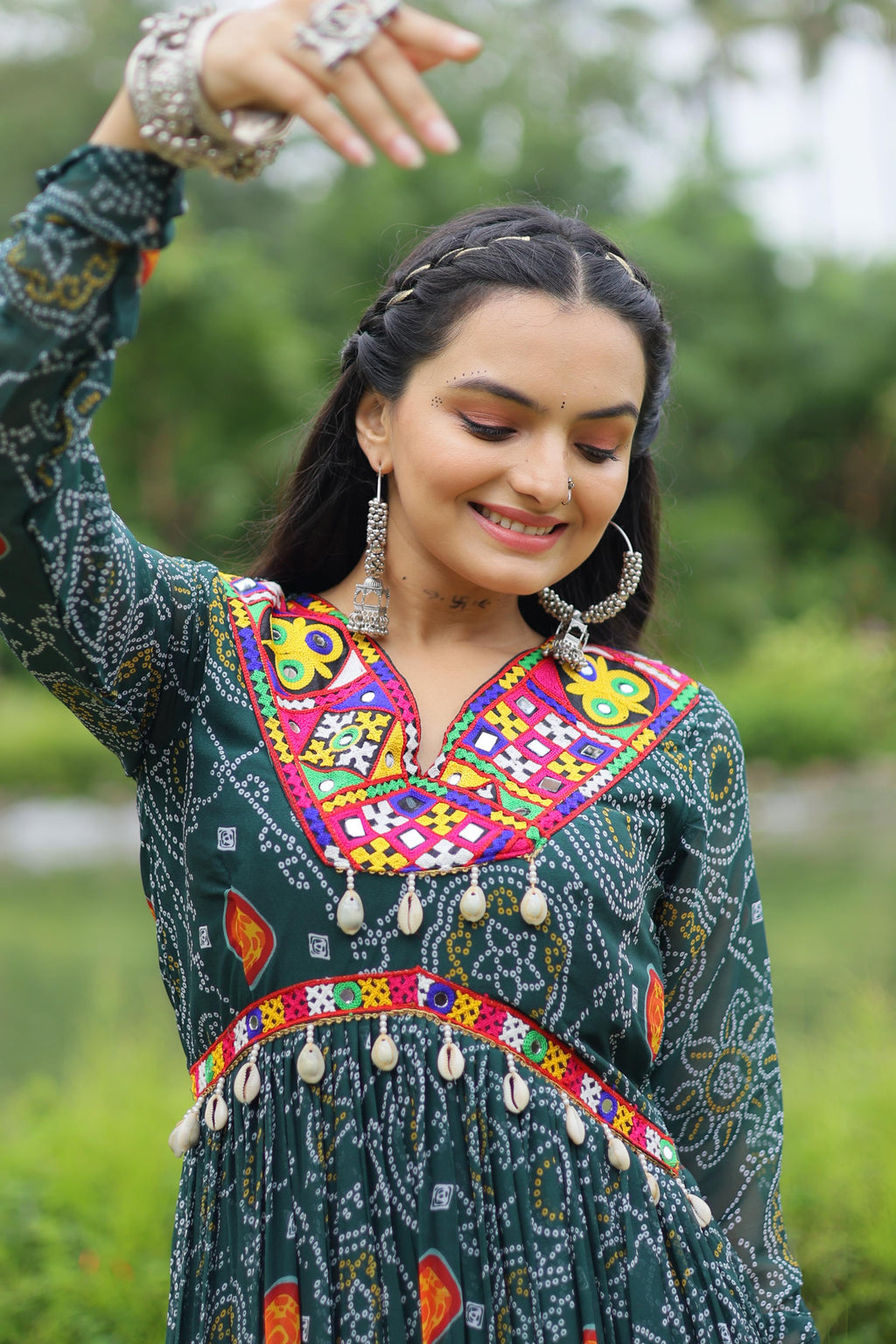 Lorenvalley Grey Faux Georgette Bandhani Print Work With Kutchi Patch Work Gown