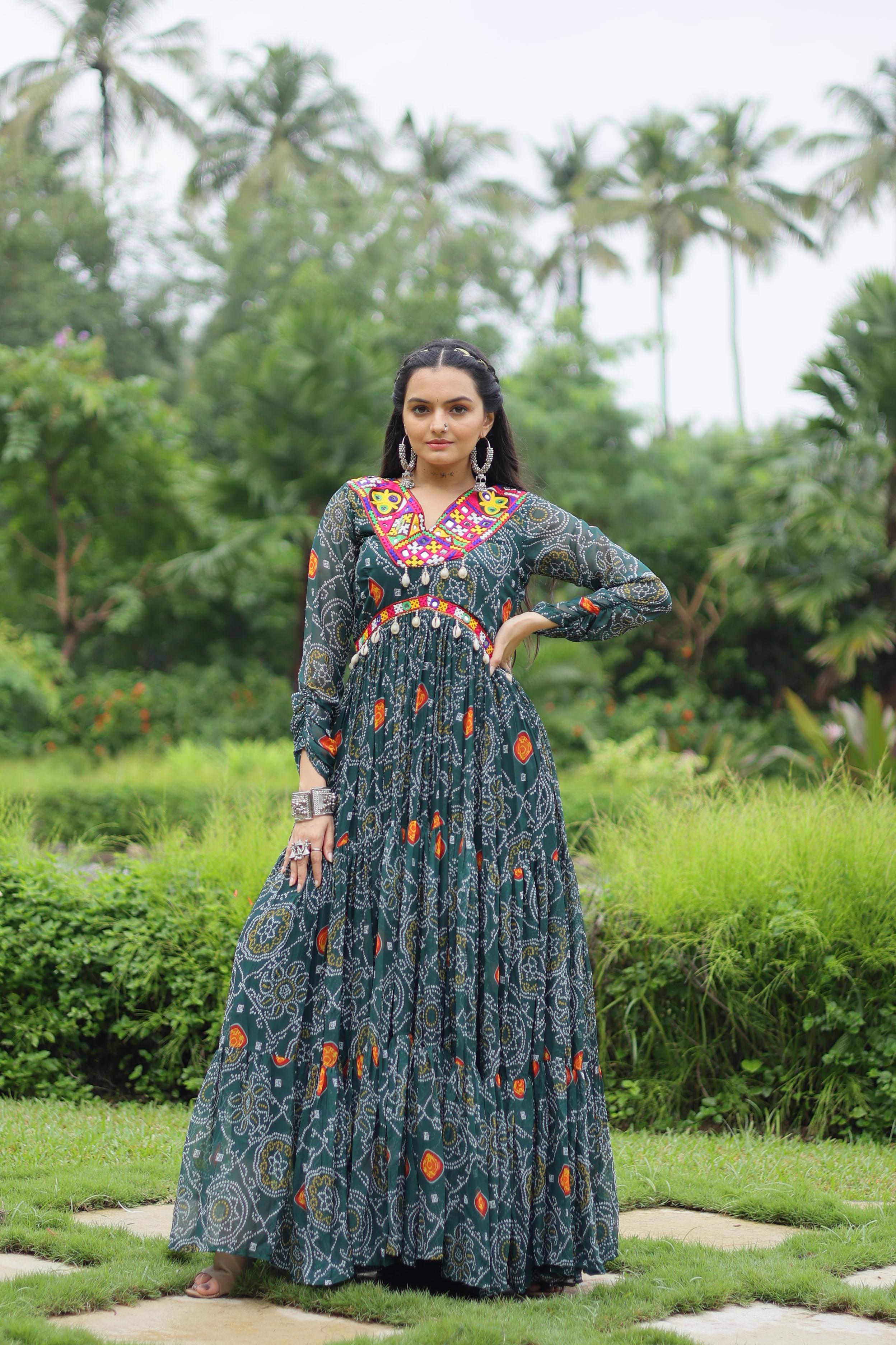 Lorenvalley Grey Faux Georgette Bandhani Print Work With Kutchi Patch Work Gown