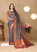 Lorenvalley Fashion Grey Soft Silk Copper Zari weaving Design Saree