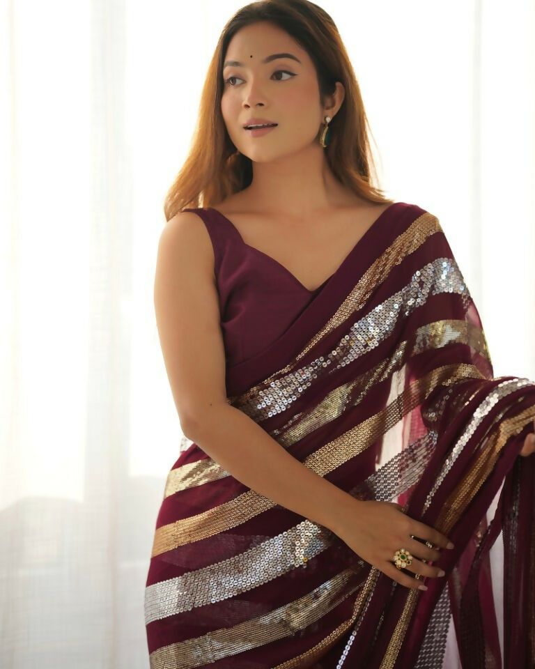 Wine Georgette Sequance Embroidery Work Border Saree - Sitare