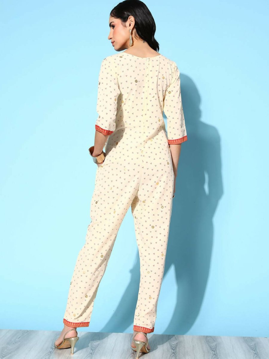 Ahalyaa Womens Offwhite Crepe Printed Jumpsuit