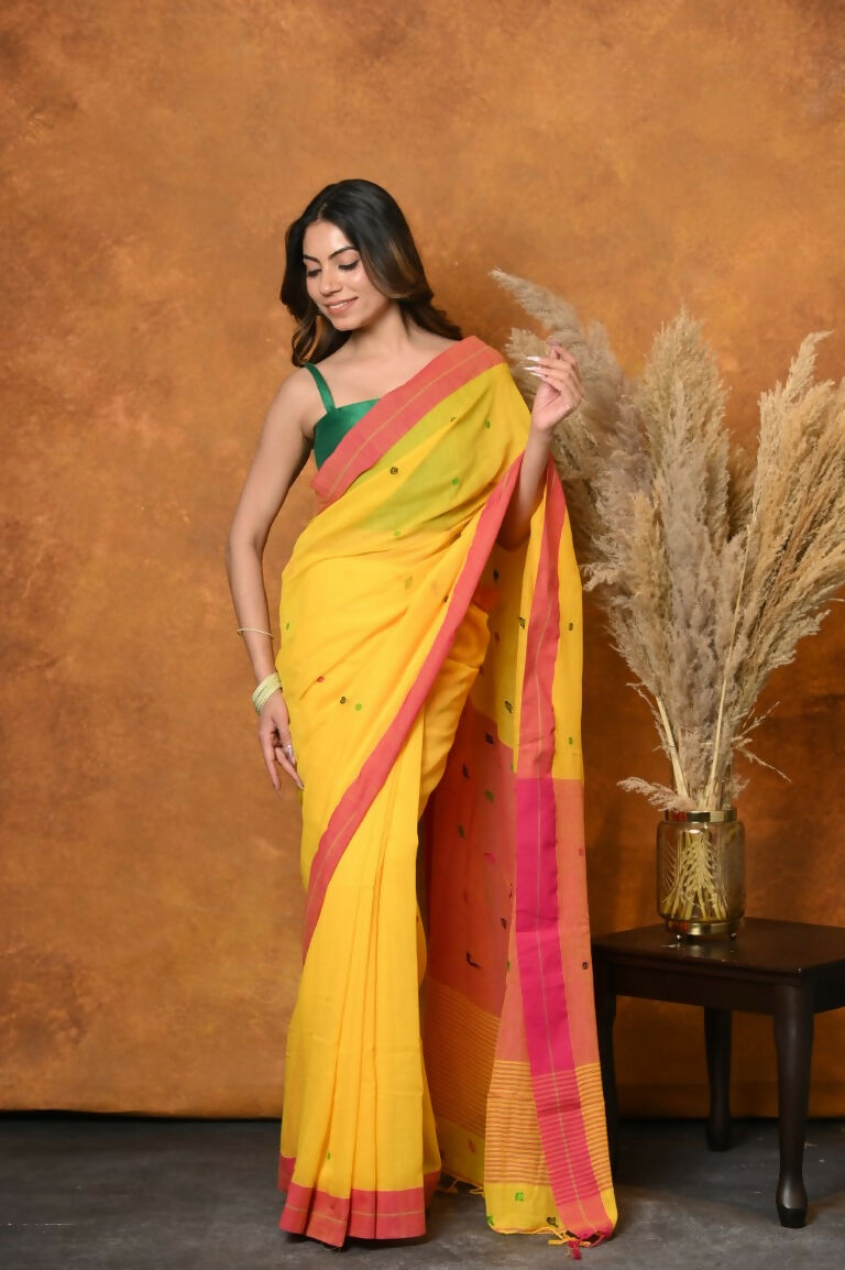 Very Much Indian Handloom Pure Cotton Saree With Sleek Border - Yellow
