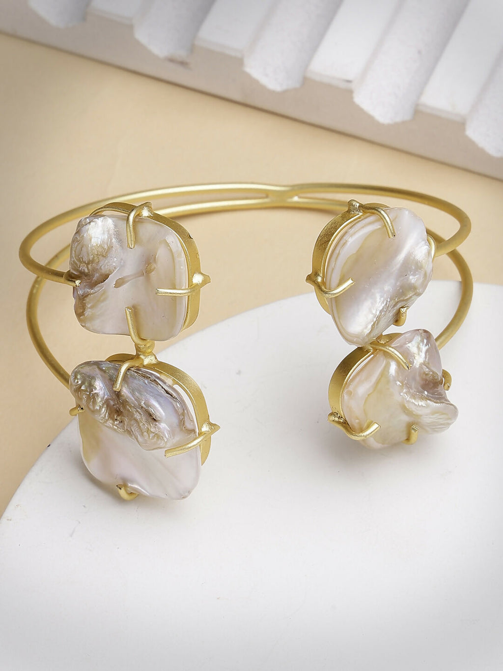 NVR Women's Gold-Polished Mother of Pearl Handcrafted Cuff Bracelet