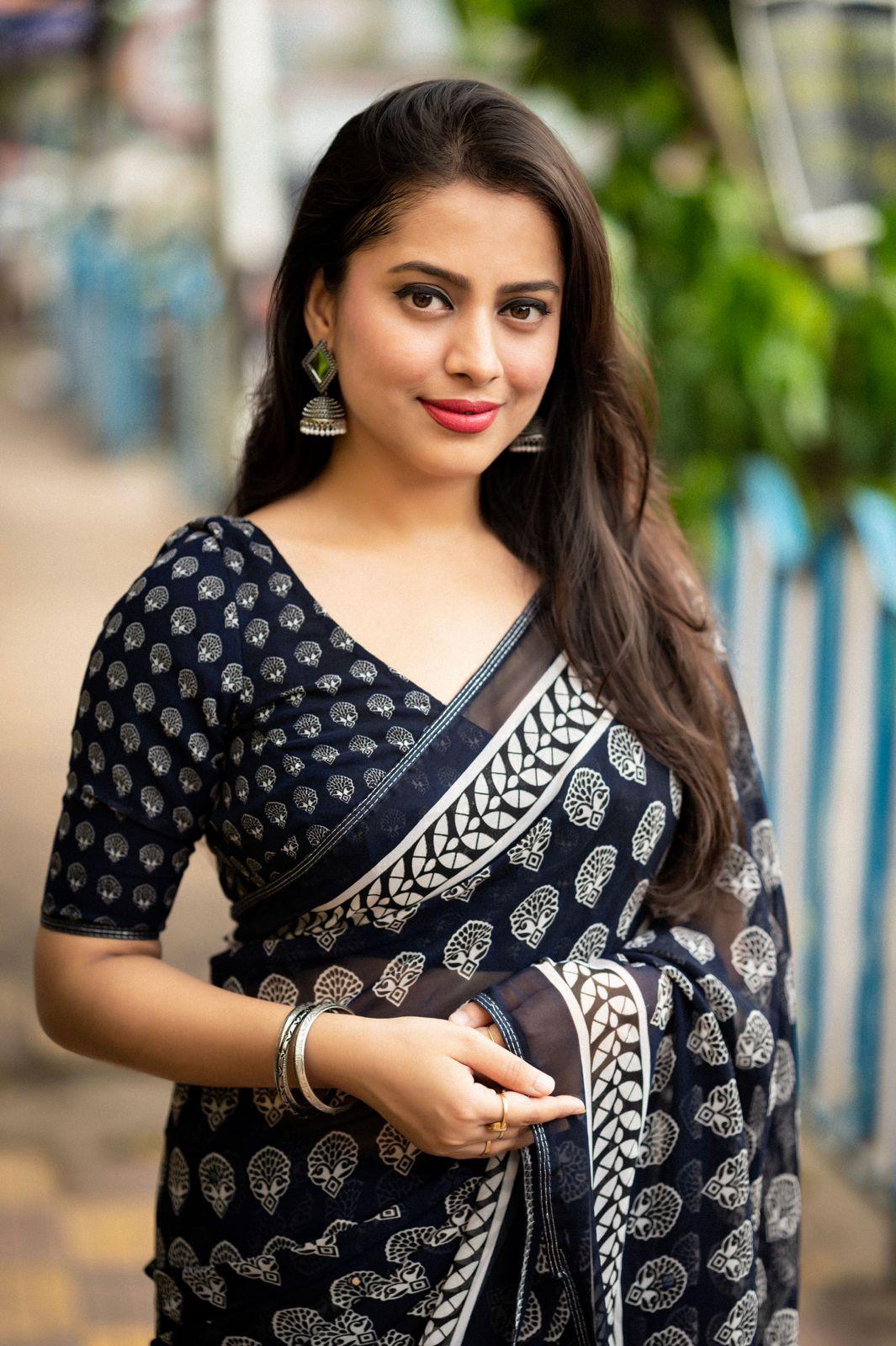 Navy Blue Poly Georgette Ajrak Saree with Unstitched Blouse - Hiral Fashion