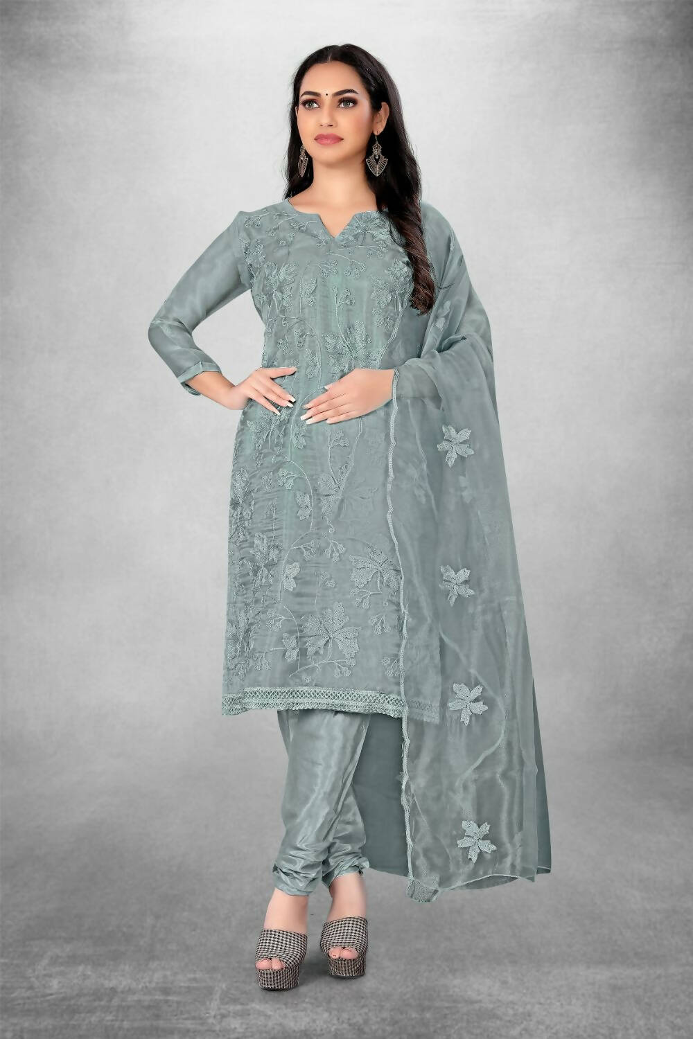 Grey Heavy Organza Silk Embroidered Unstitched Dress Material - Amara
