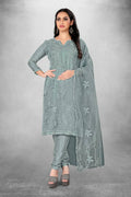Grey Heavy Organza Silk Embroidered Unstitched Dress Material - Amara