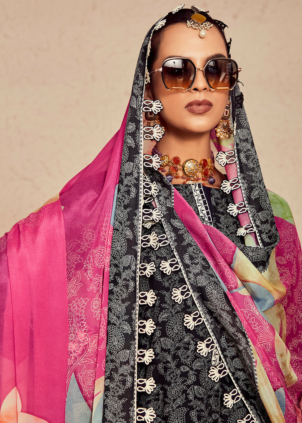 Muslin Cotton Digital Print & Embroidered Black Salwar Suit - Emponline