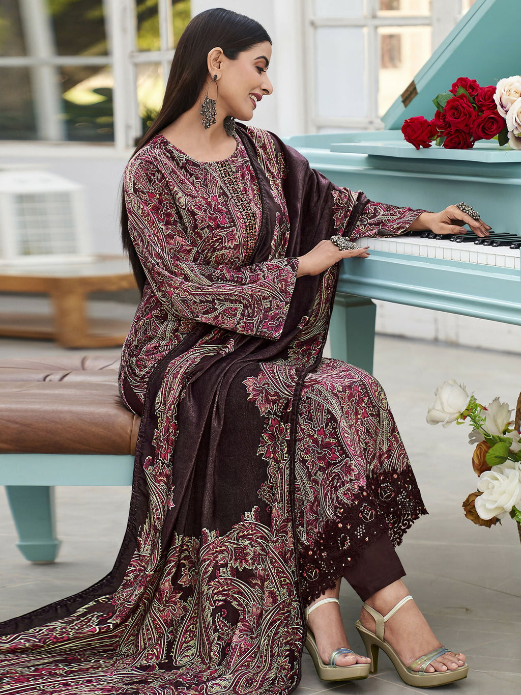 Jyoti Fashion Women's Wine Velvet Digital Print with Resham Thread work Kurta with Trouser & Dupatta