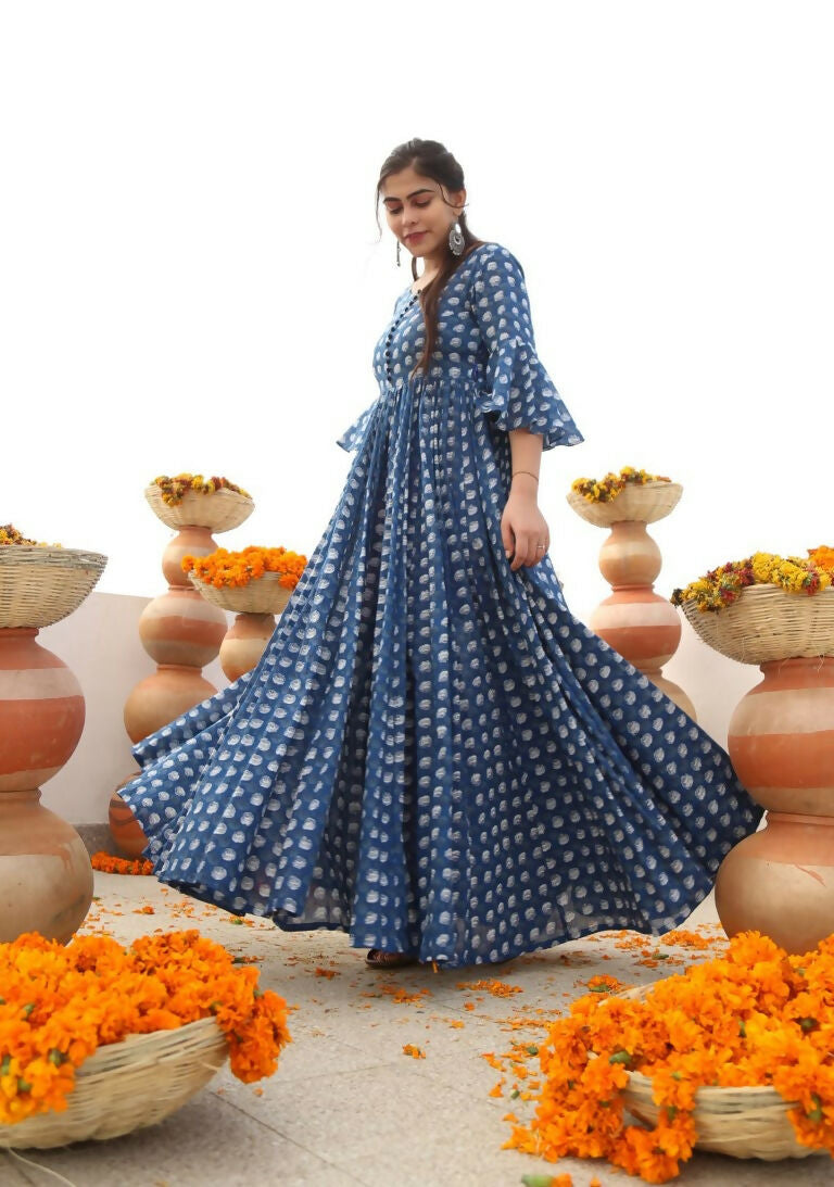Jyoti Fashion Women's Blue Heavy Digital Printed Cotton Silk Anarkali Dress