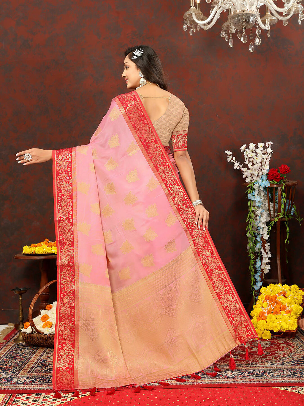 Lorenvalley Fashion Pink Cotton Woven Design with Zari Weaving Design Saree