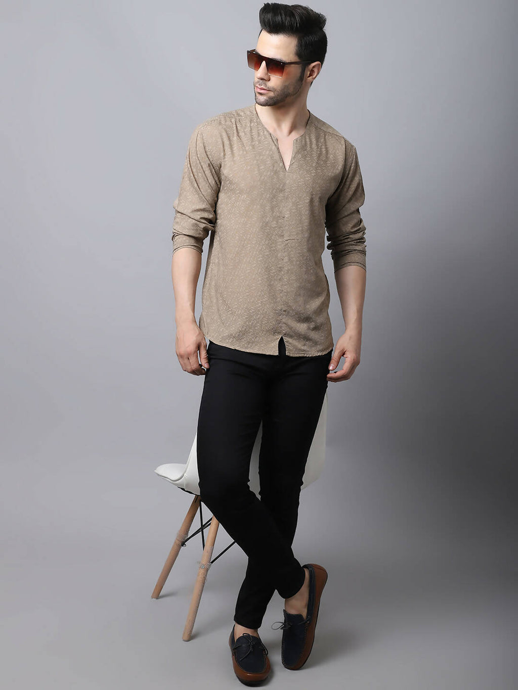 Even Apparels Beige Pure Cotton Round Neck Slit Men's Kurta