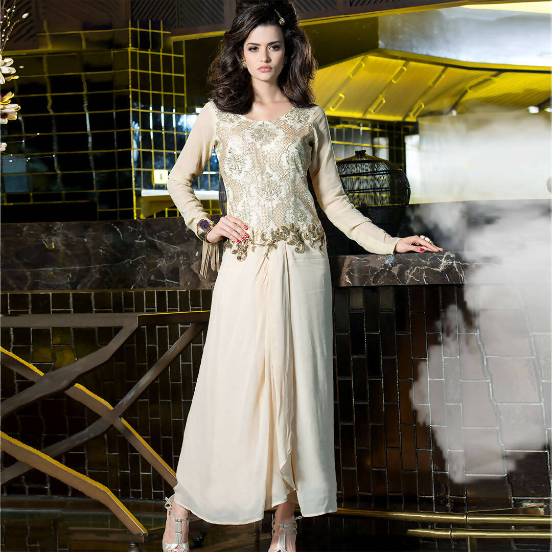 Off White Georgette Floral Embroidered A-line Kurti - Missy