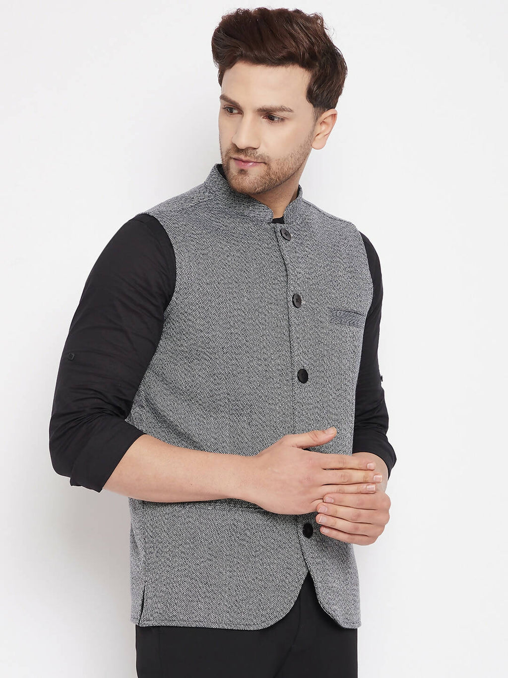 Even Apparels Grey Merino Men Woven Nehru Jacket PW689