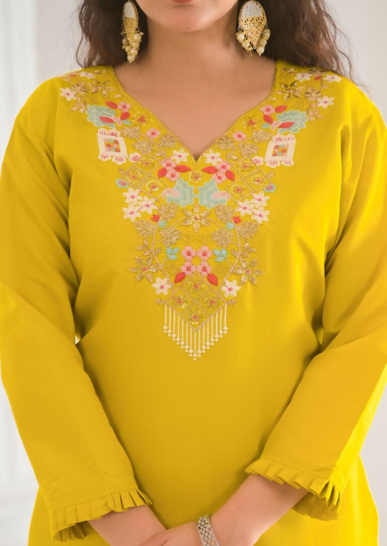 Ethnic Festive Wear Viscose Chanderi Yellow Stitched Suit With Dupatta - Tanisha