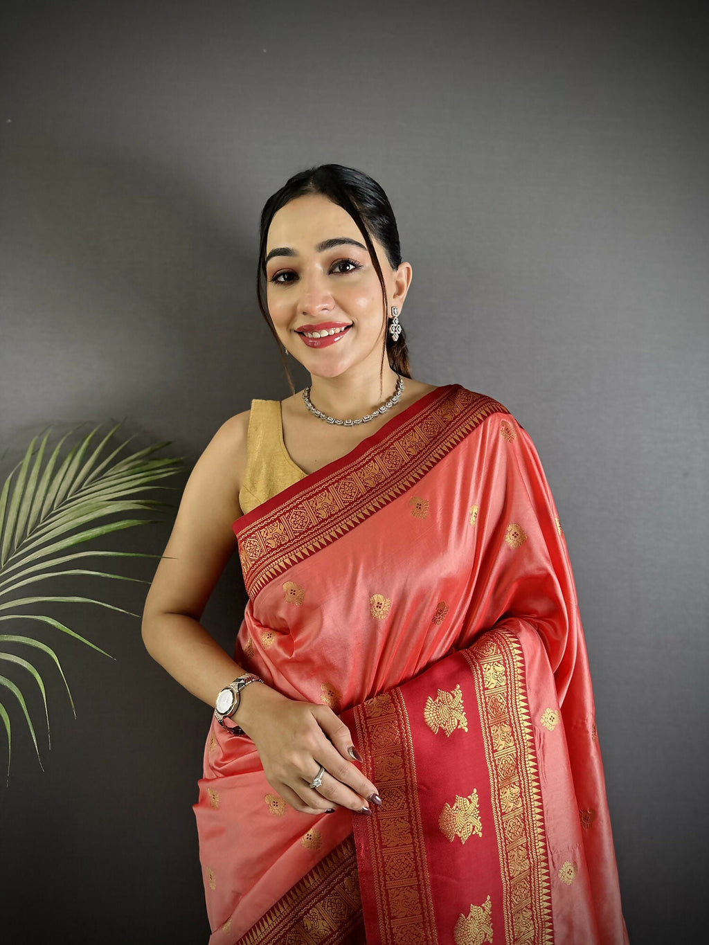 Joban Fashion Peach Banarasi Soft Silk Woven Butti Saree