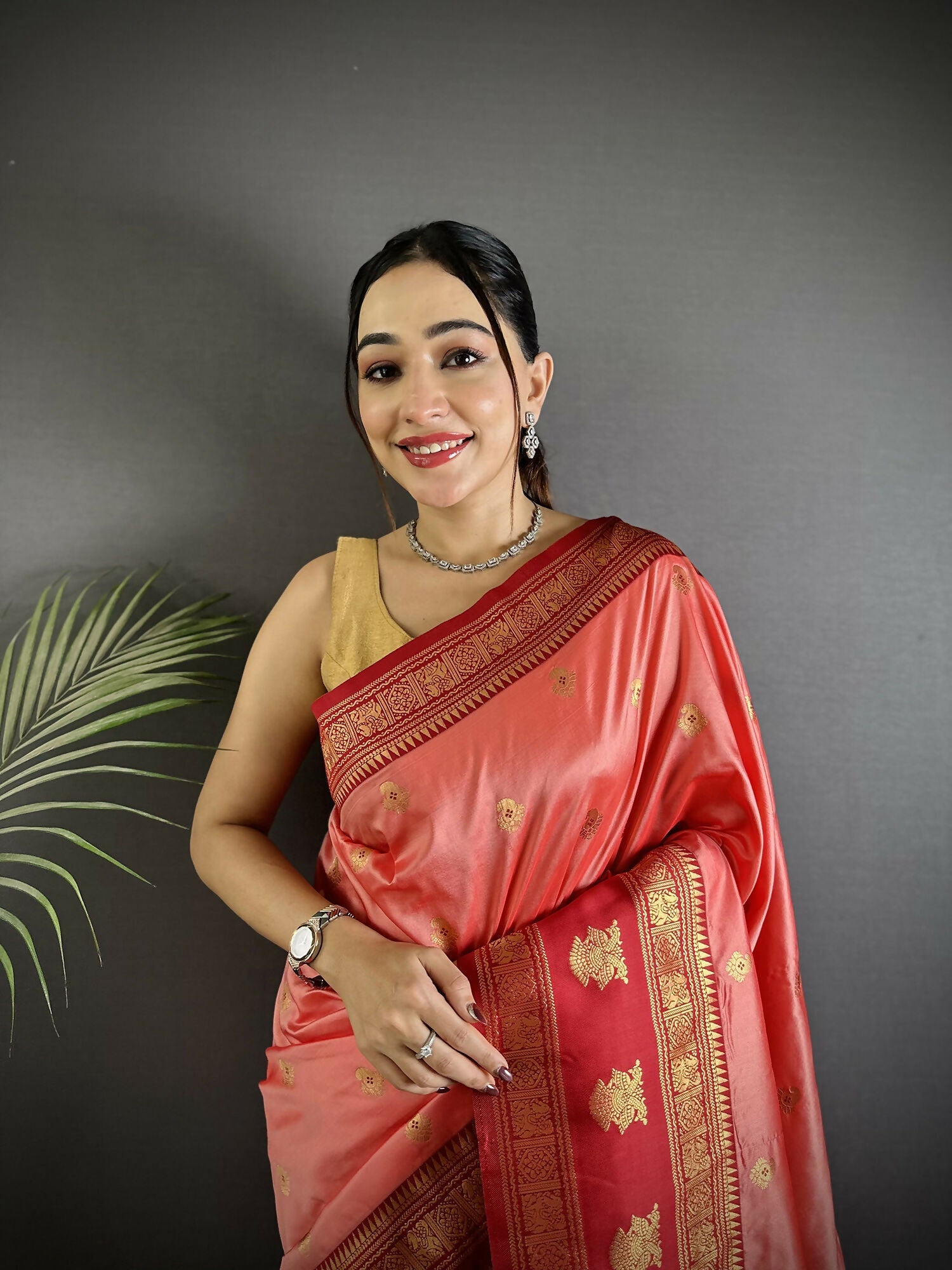 Joban Fashion Peach Banarasi Soft Silk Woven Butti Saree