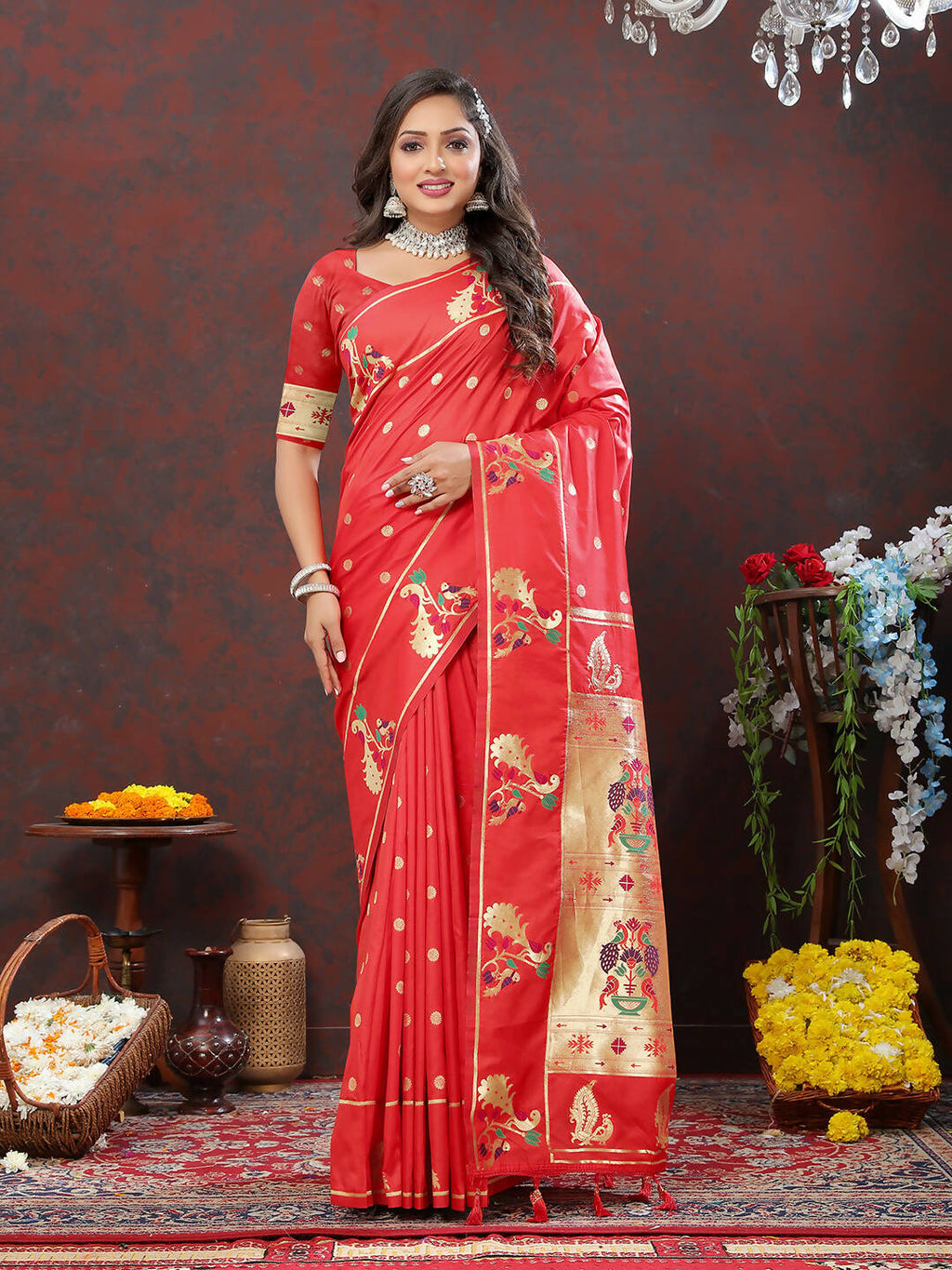 Lorenvalley Fashion Red Soft Paithani Silk Woven Design Gold Zari Meenakari Weaving Saree