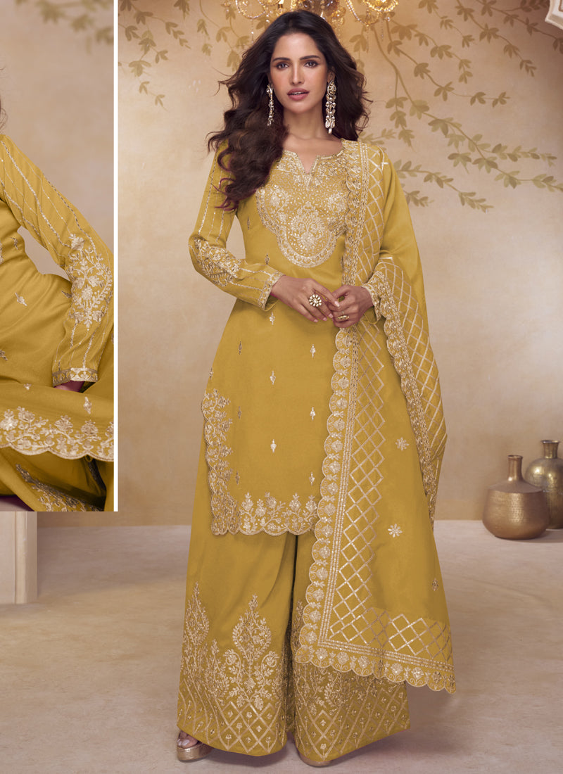 Vegaa Fashion Yellow Simar Silk Embroidered Party Wear Palazzo Suit