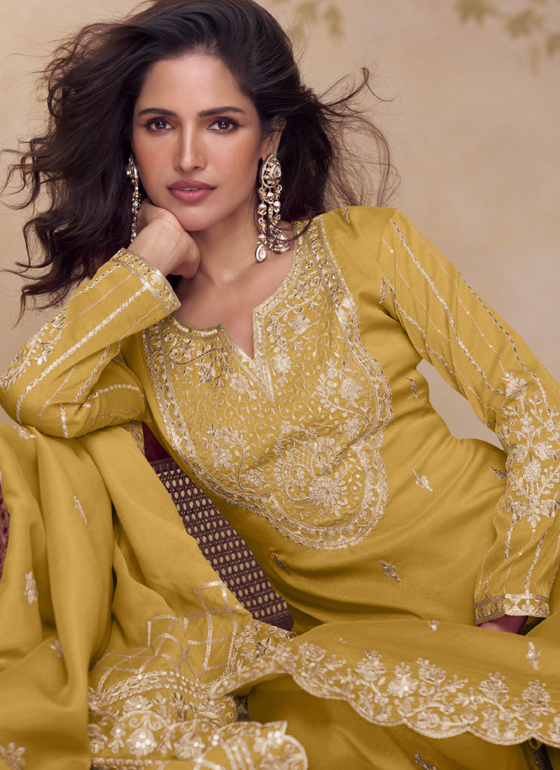 Vegaa Fashion Yellow Simar Silk Embroidered Party Wear Palazzo Suit