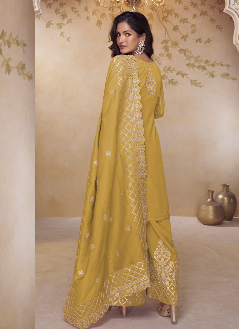 Vegaa Fashion Yellow Simar Silk Embroidered Party Wear Palazzo Suit