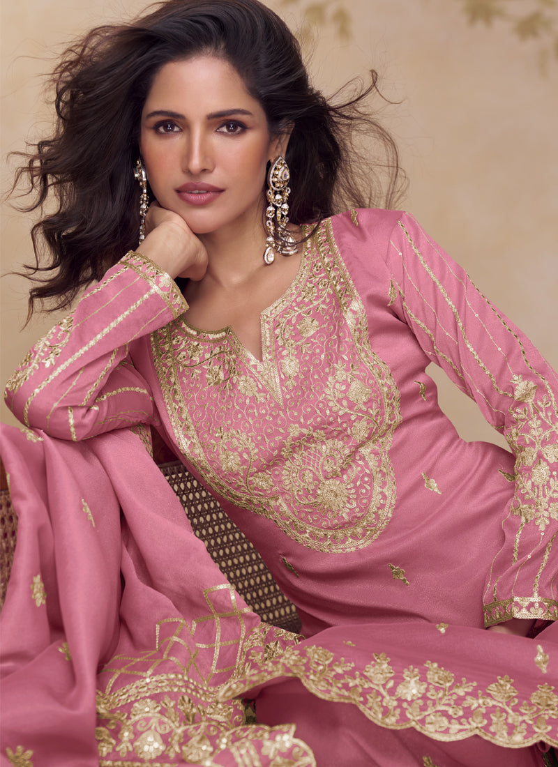 Vegaa Fashion Pink Simar Silk Embroidered Party Wear Palazzo Suit