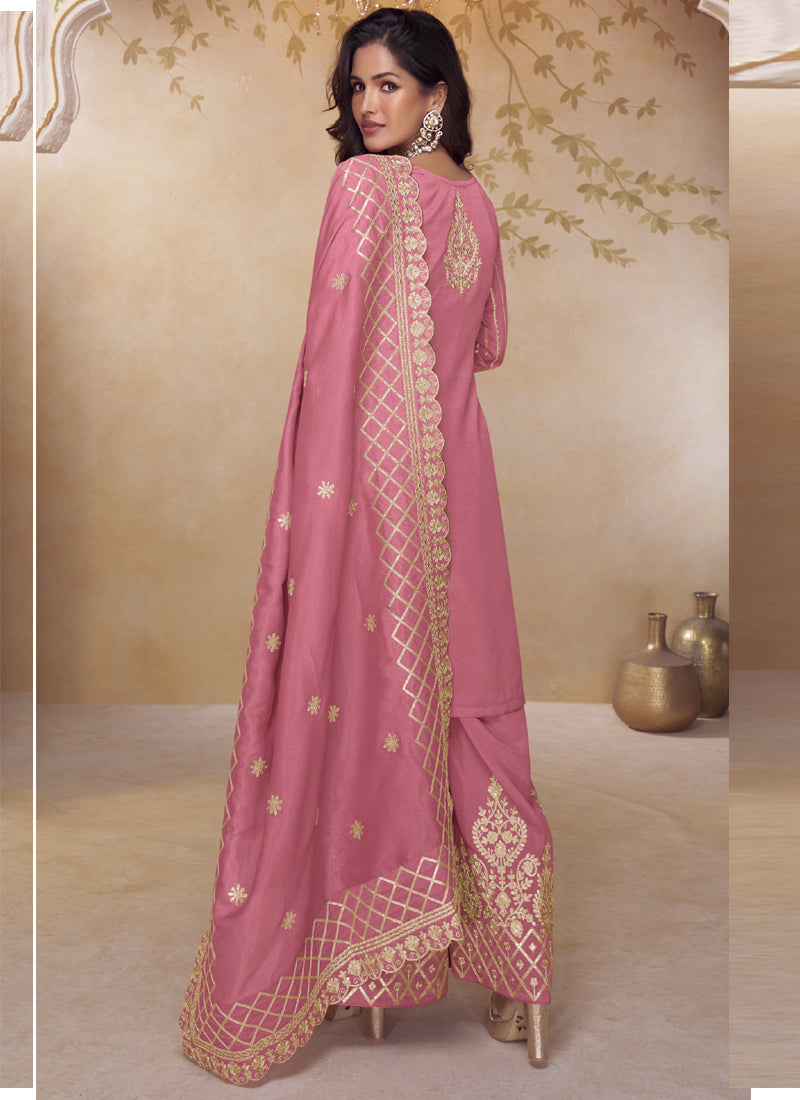 Vegaa Fashion Pink Simar Silk Embroidered Party Wear Palazzo Suit