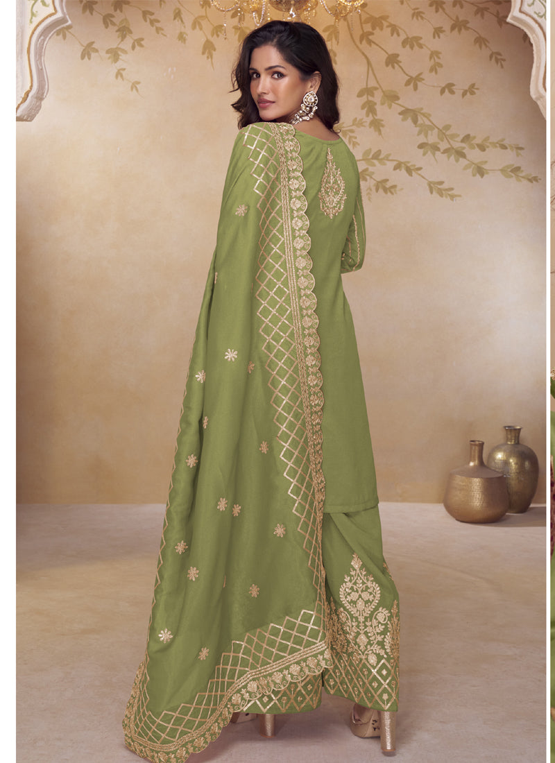 Vegaa Fashion Green Simar Silk Embroidered Party Wear Palazzo Suit