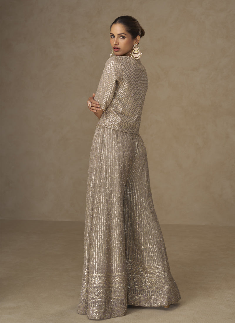 Vegaa Fashion Beige Georgette Embroidered & Hand Work Jacket Style Co-Ord Set