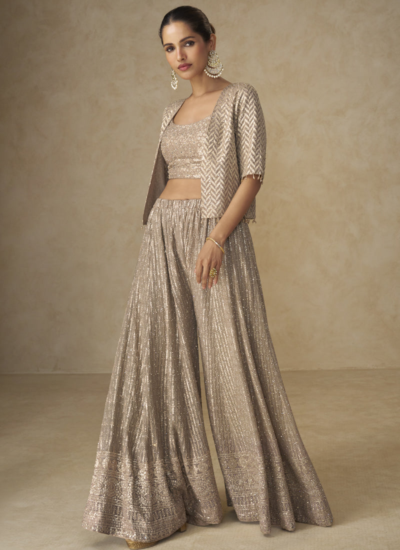 Vegaa Fashion Beige Georgette Embroidered & Hand Work Jacket Style Co-Ord Set