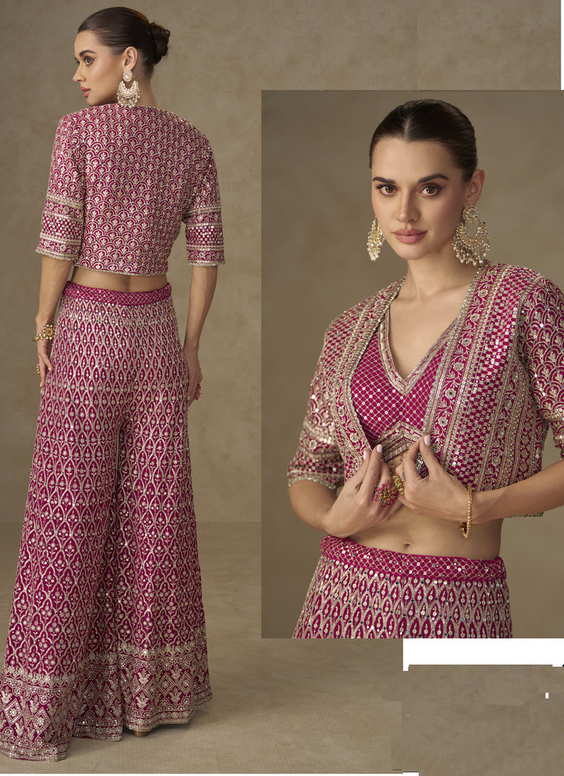 Vegaa Fashion Pink Georgette Embroidered & Hand Work Jacket Style Co-Ord Set