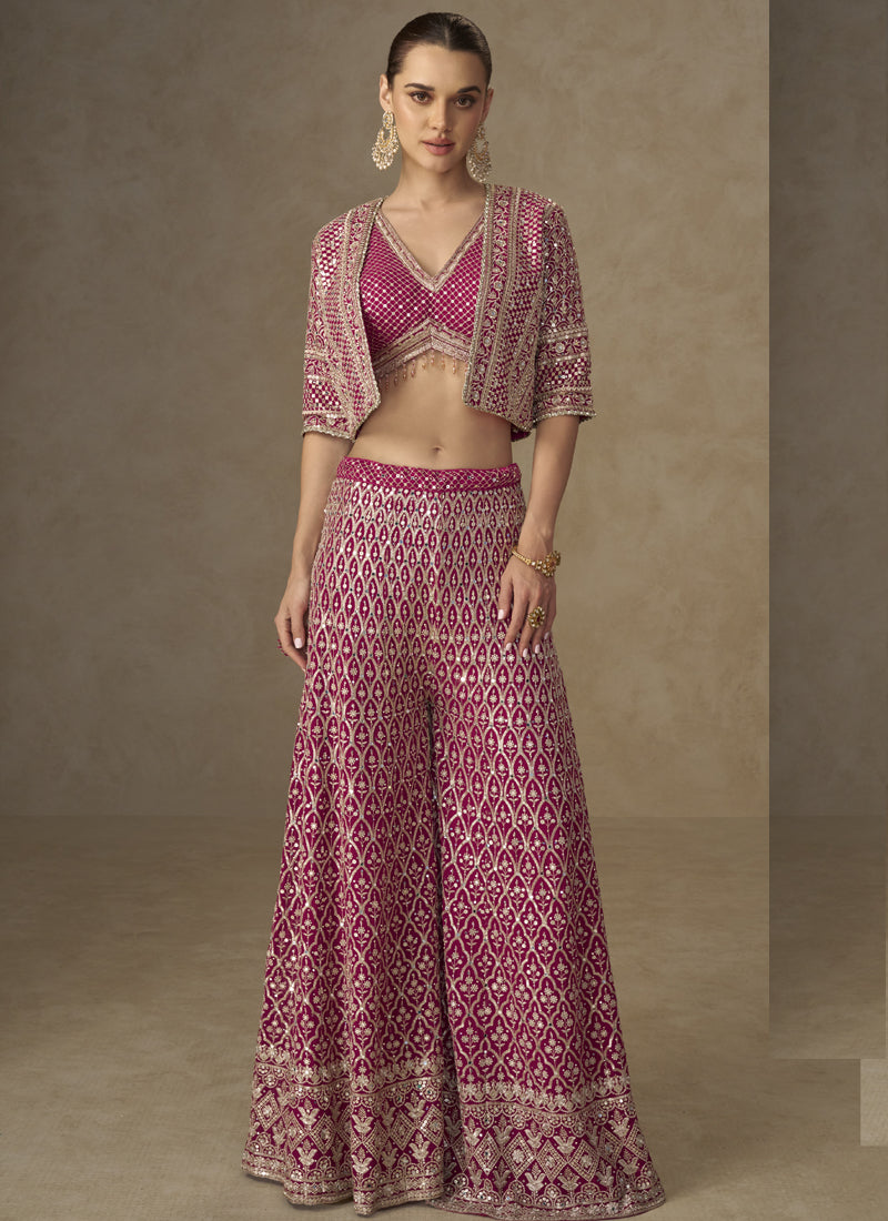 Vegaa Fashion Pink Georgette Embroidered & Hand Work Jacket Style Co-Ord Set