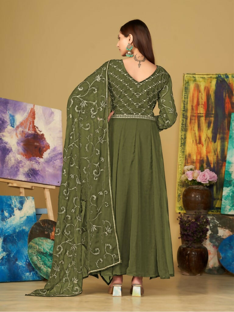 Jyoti Fashion Women's Olive Green Georgette Embroidered Anarkali Kurta Pant Set With Dupatta